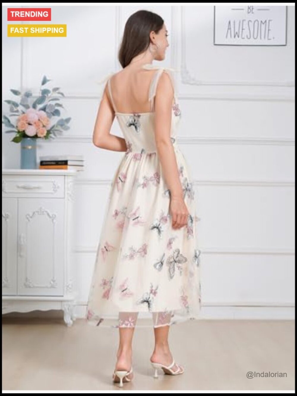 Tie Strap Tulle Prom Dress with Butterfly Flower Embroidery - Picture 5 of 5